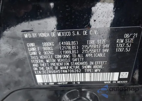 2022 Honda Hr-V Awd Ex из США, поврежденный, VIN 3CZRU6H51NM706262